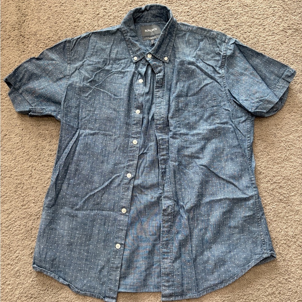 Bonobos Men’s Button Down Denim Blue With White Short Sleeve Shirt